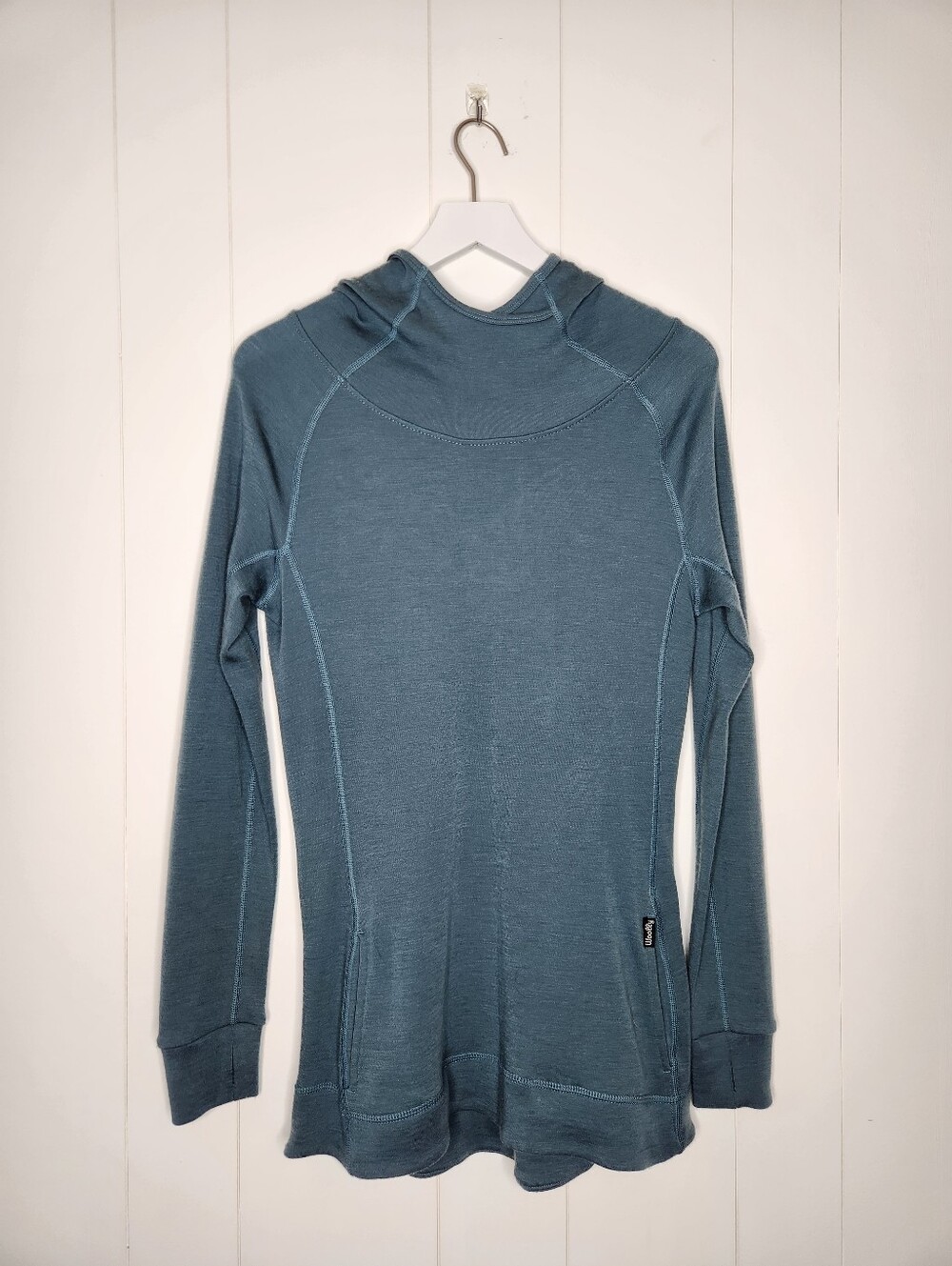 Woolly Stone Blue Pro-Knit Wool Pullover Hoodie Long Sleeve Top Size Medium - Picture 2 of 6